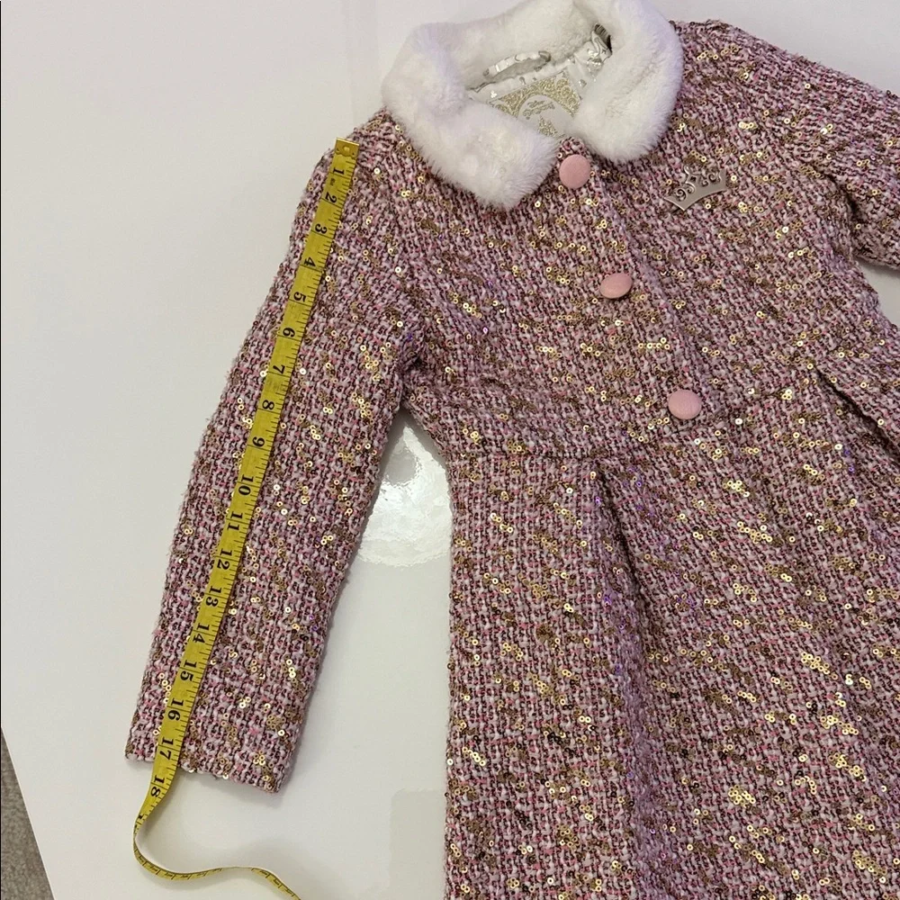 Disney Princess Tweed Coat Girls 5/5 Pink Sequins Faux Fur Dress-up Fairytale